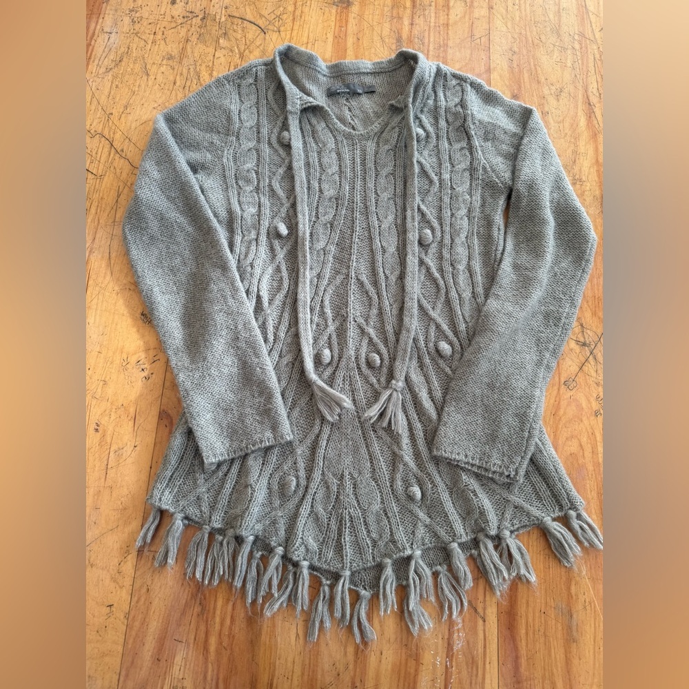 Prana Shelby Poncho Pullover Sweater Fringe Sz XS Tassel Cableknit Wool Blend